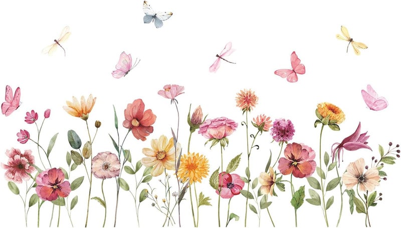 Kasubeso Watercolor Garden Flower Wall Decals, Peel and Stick Creative Colorful Butterfly Floral Wall Stickers, Multicolor Wildflower Wall Decor for Girls Room Nursery Bedroom Window - Image 3